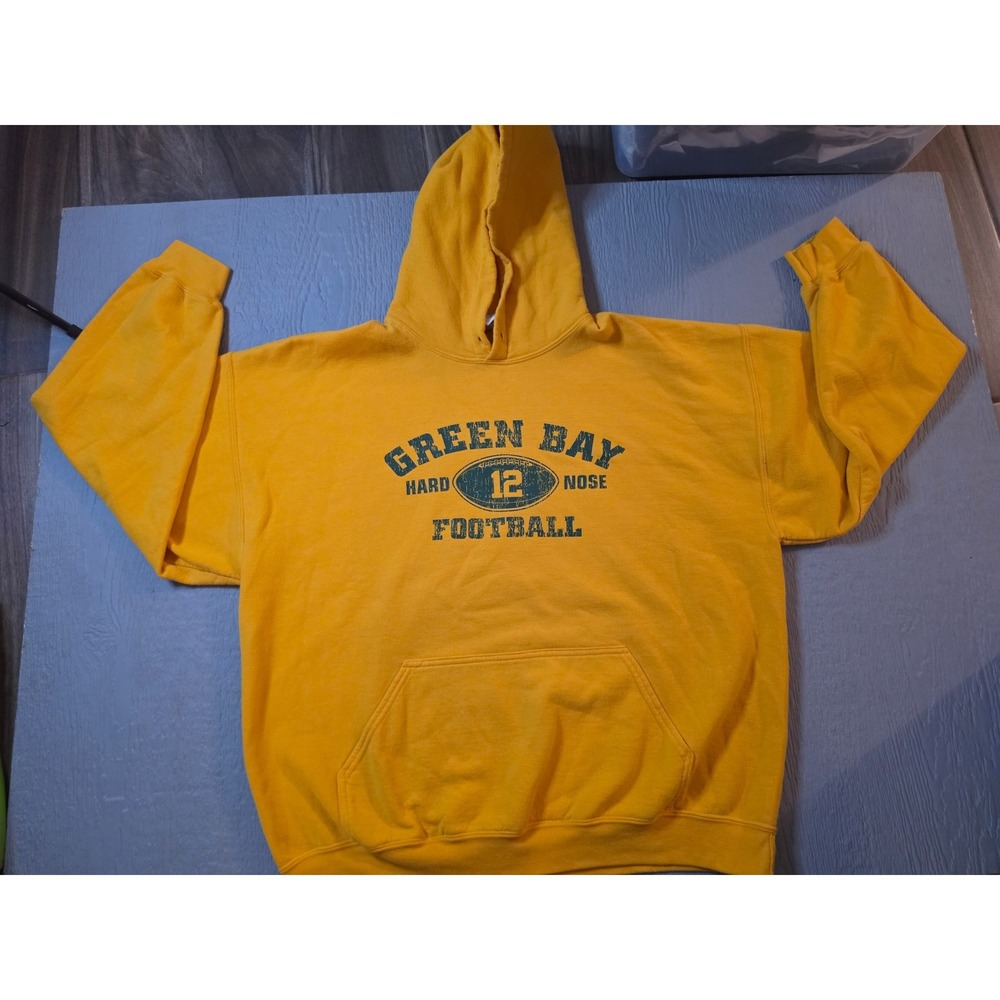 Gildan Green Bay Hard Nose Football Hoodie Gold Yellow Sweatshirt XL 12 Graphic